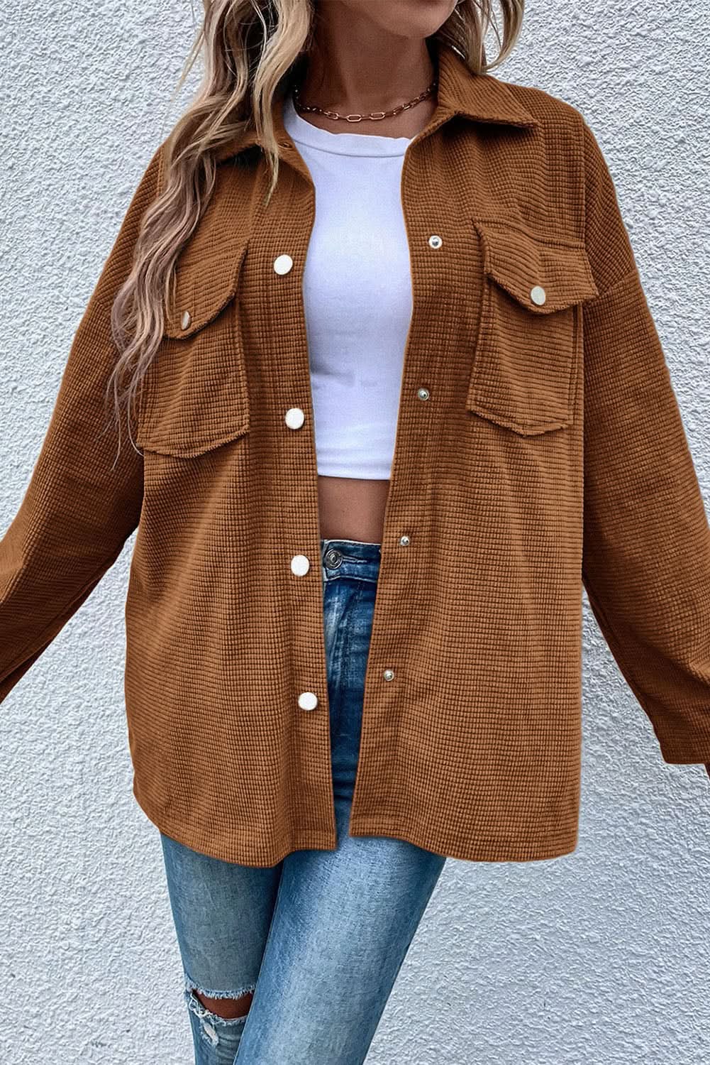 Brown textured shacket with pockets - Love Salve