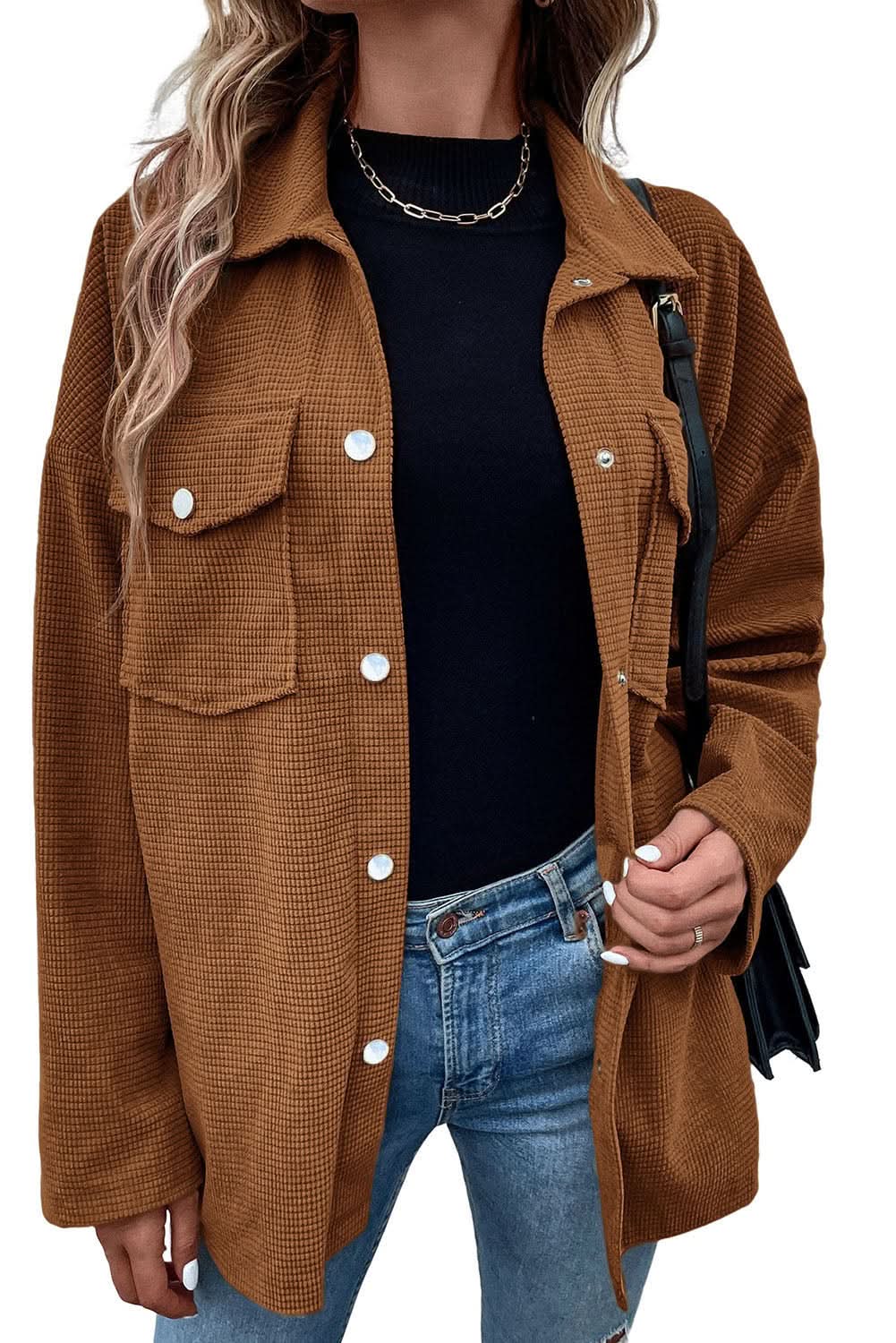 Brown textured shacket with pockets - Love Salve