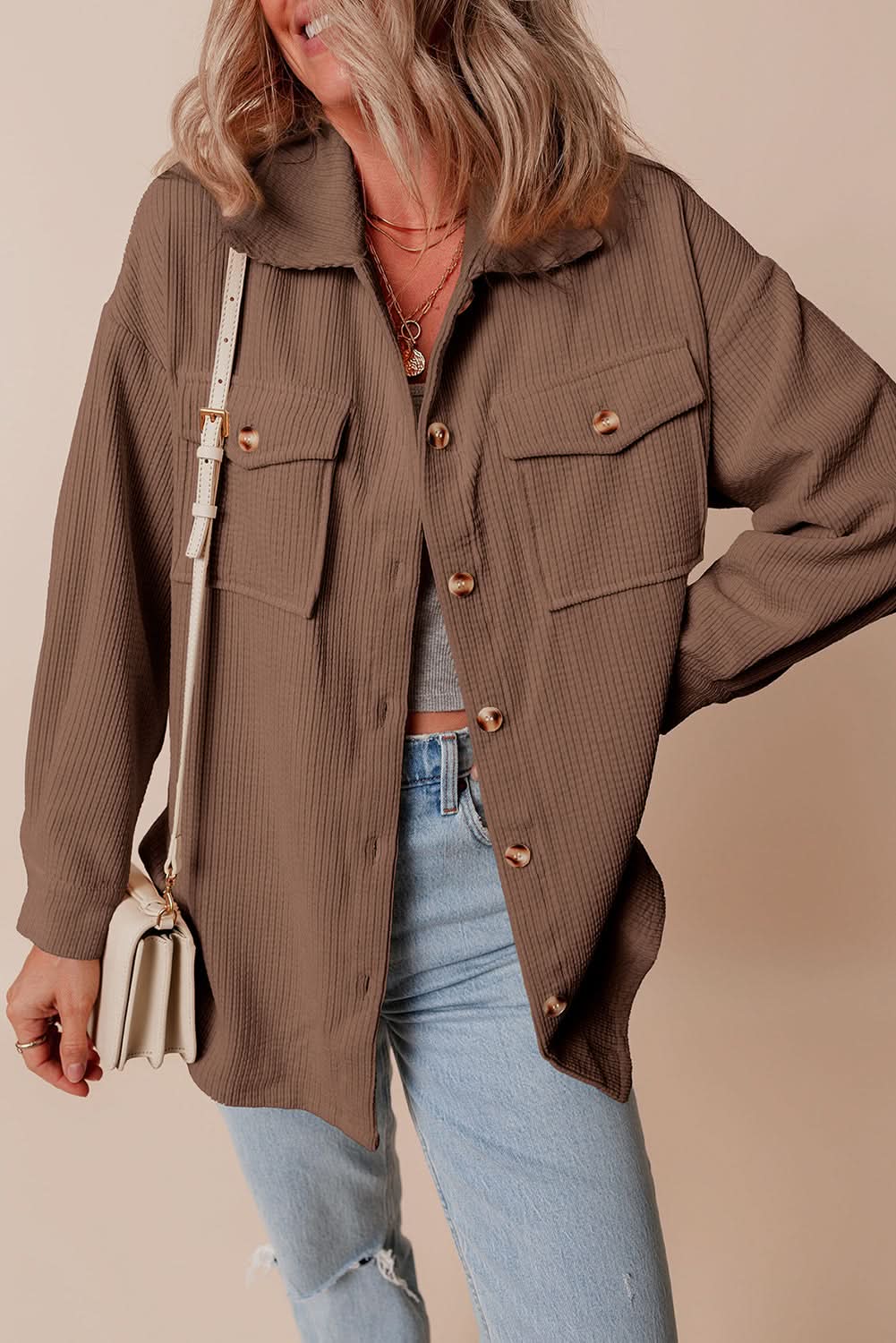 Cozy chestnut corduroy shacket - Love Salve
