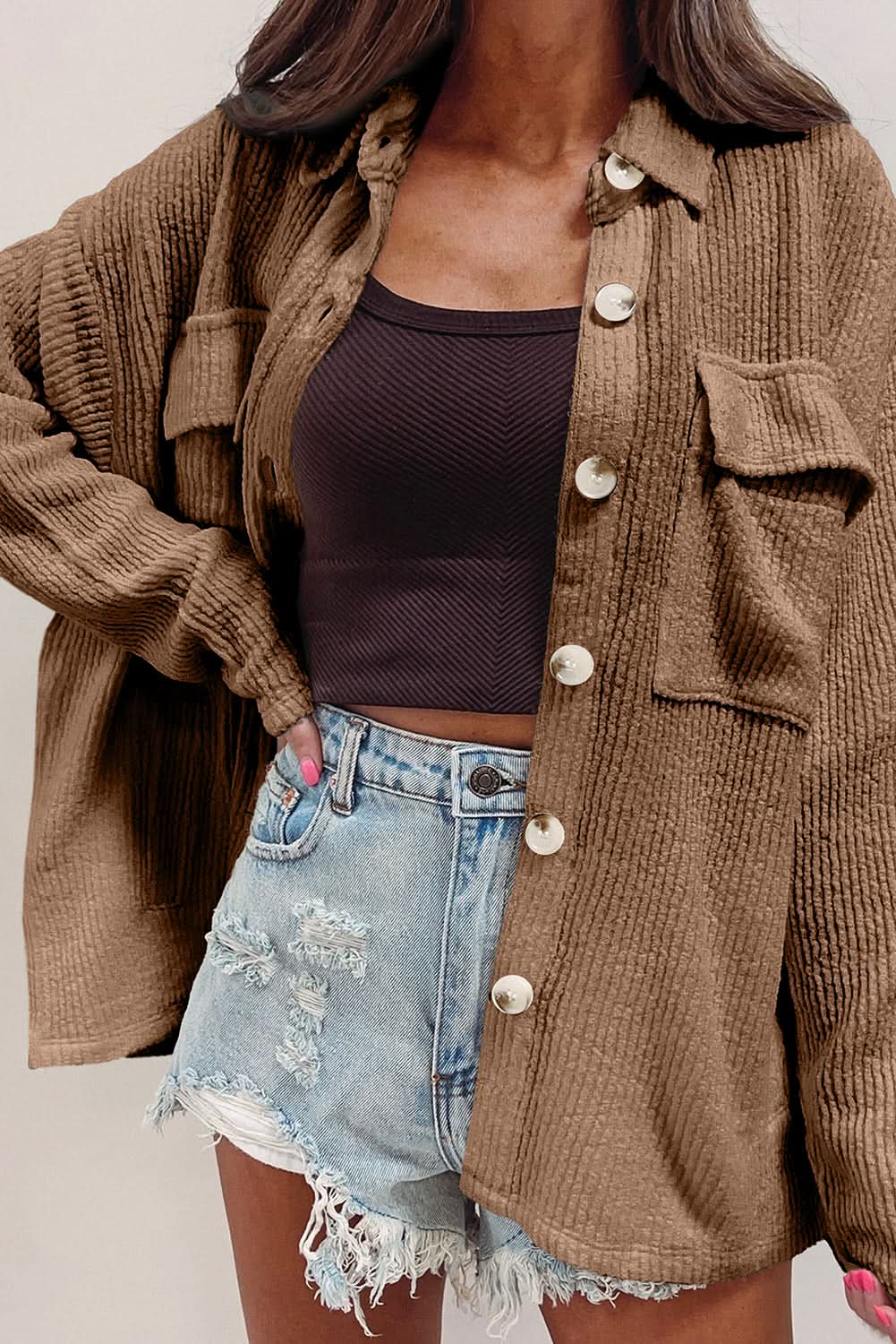 Dark khaki corduroy shacket - Love Salve