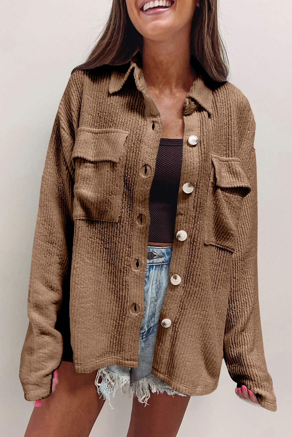 Dark khaki corduroy shacket - Love Salve