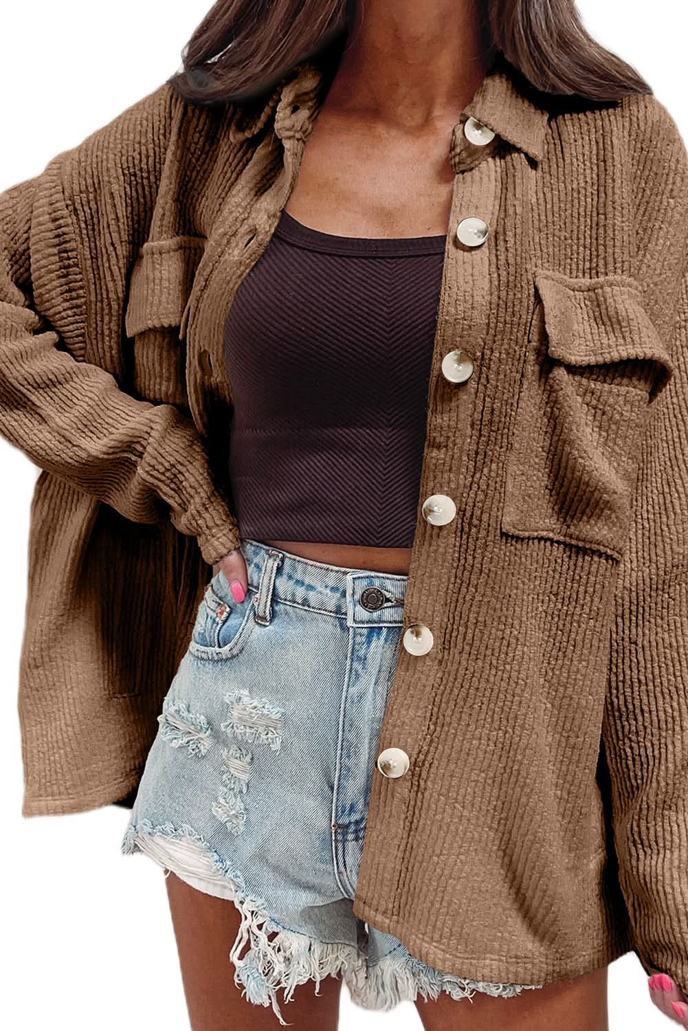 Dark khaki corduroy shacket - Love Salve