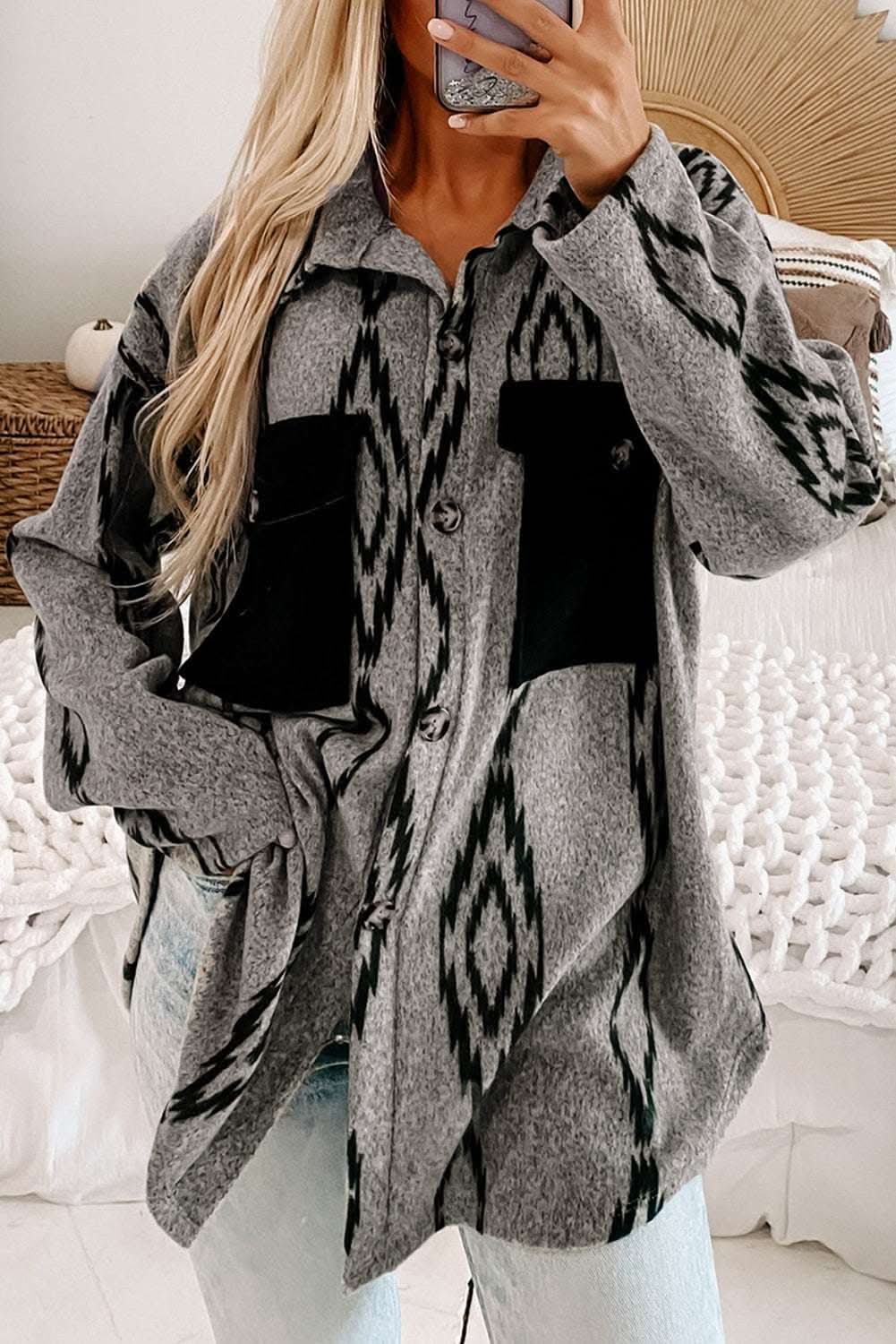 Gray Aztec pocket shacket - relaxed fit - Love Salve