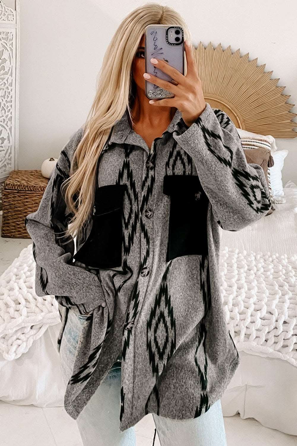 Gray Aztec pocket shacket - relaxed fit - Love Salve