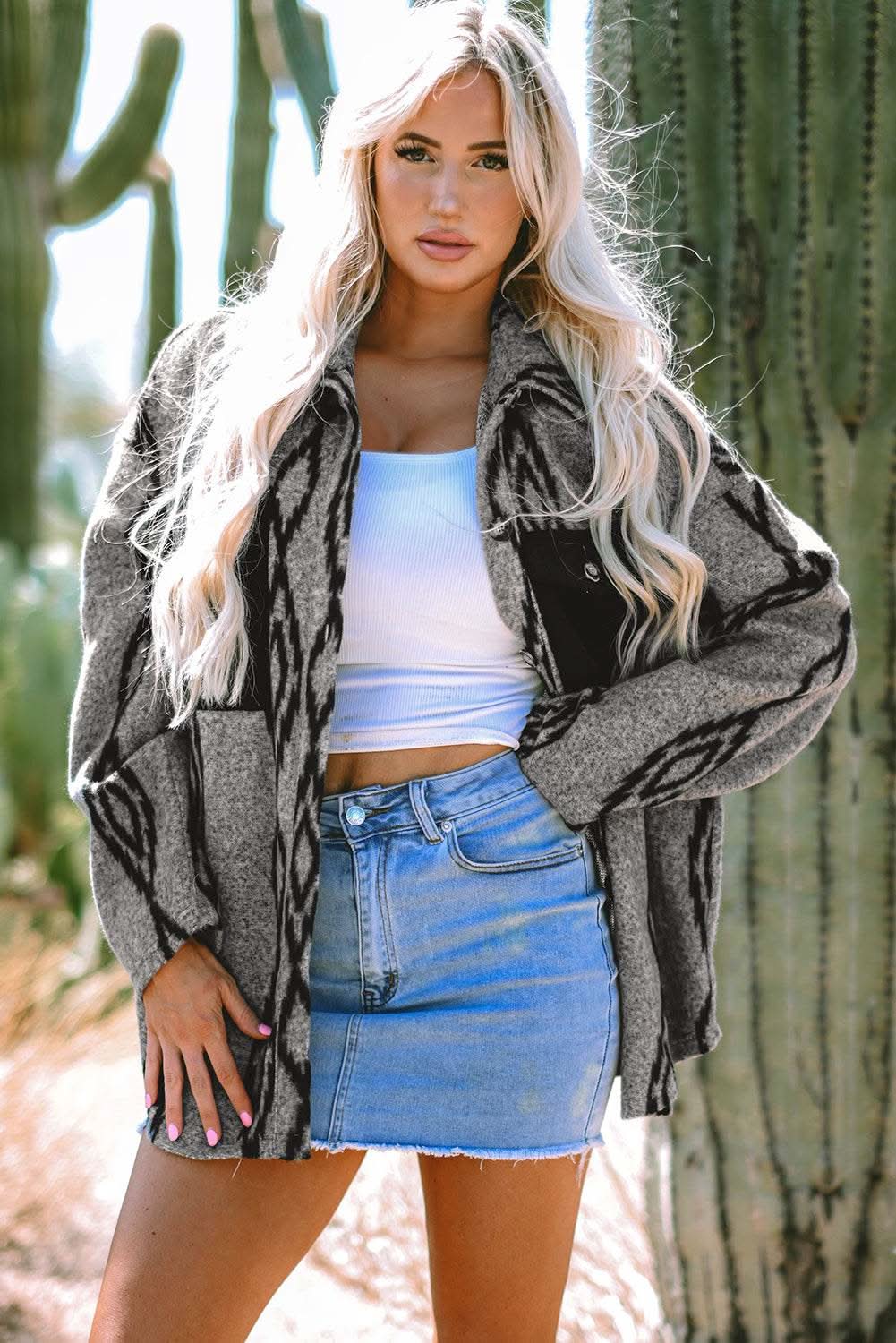 Gray Aztec pocket shacket - relaxed fit - Love Salve