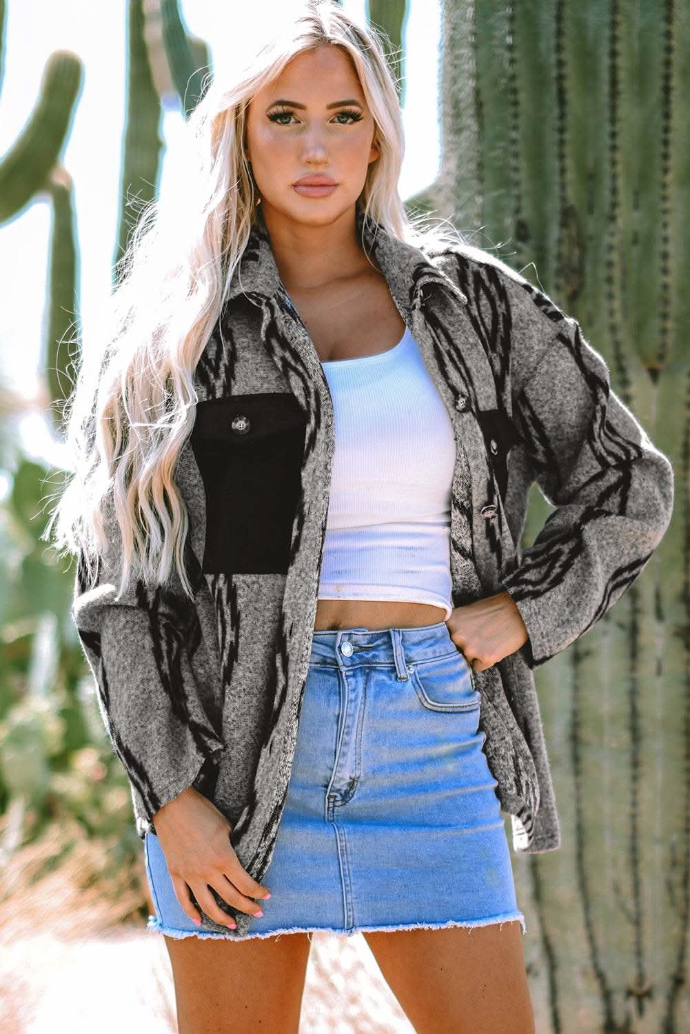 Gray Aztec pocket shacket - relaxed fit - Love Salve