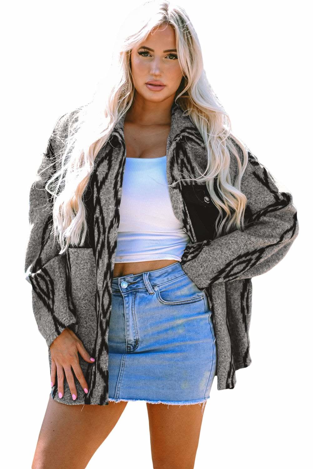 Gray Aztec pocket shacket - relaxed fit - Love Salve