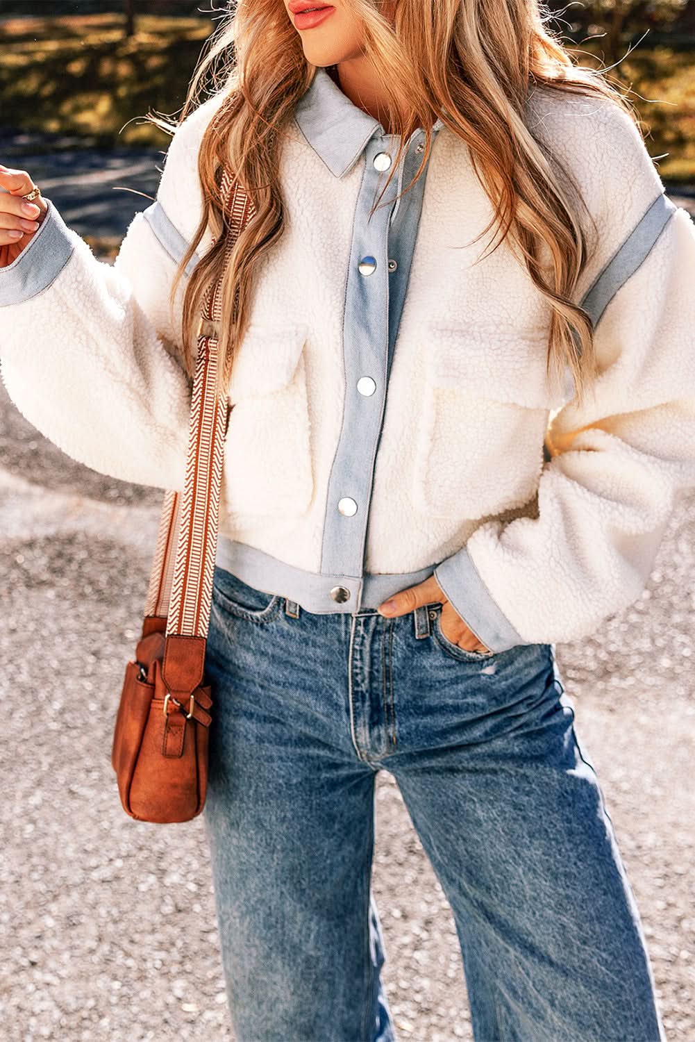 Chic white sherpa jacket with contrast trim - Love Salve