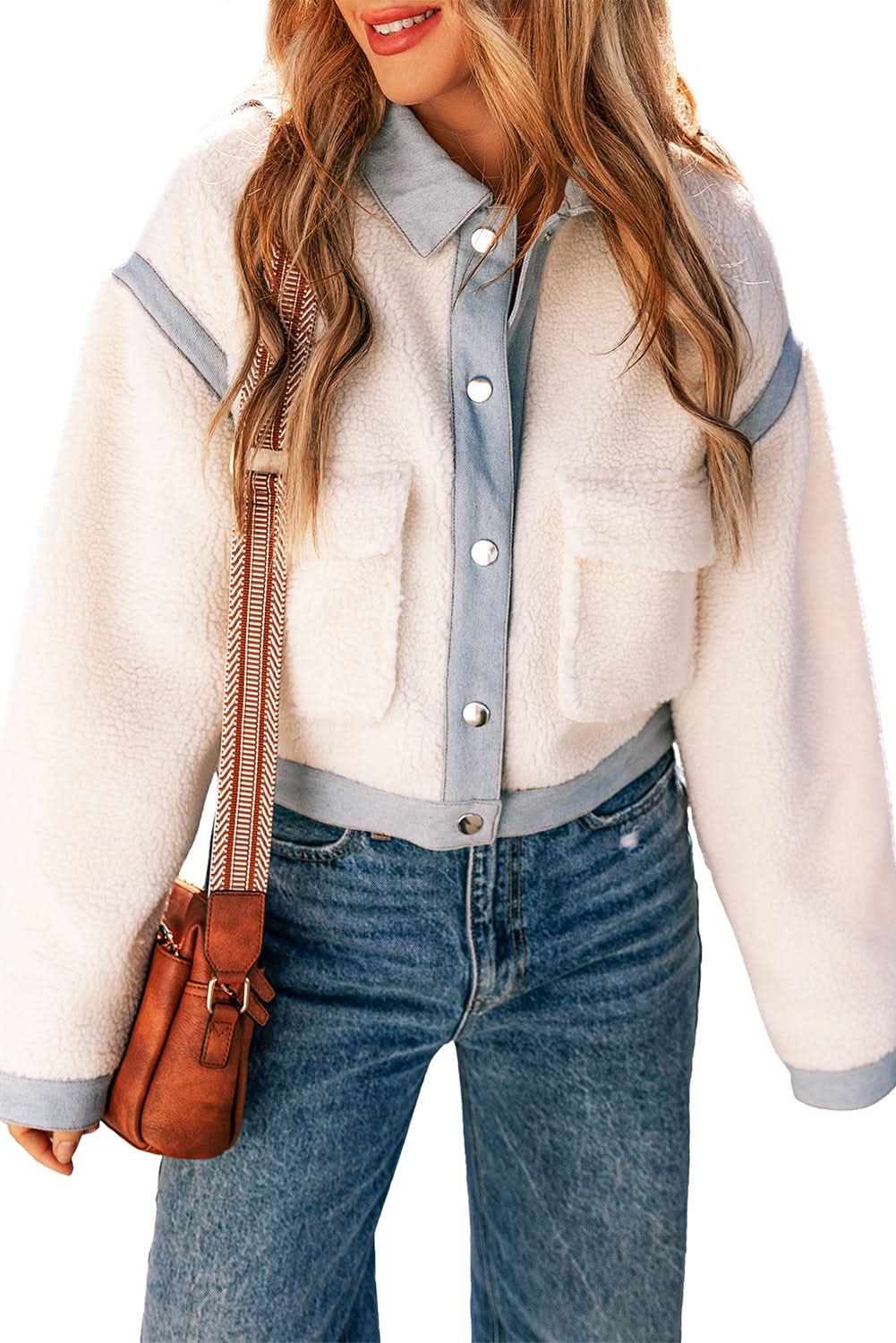 Chic white sherpa jacket with contrast trim - Love Salve