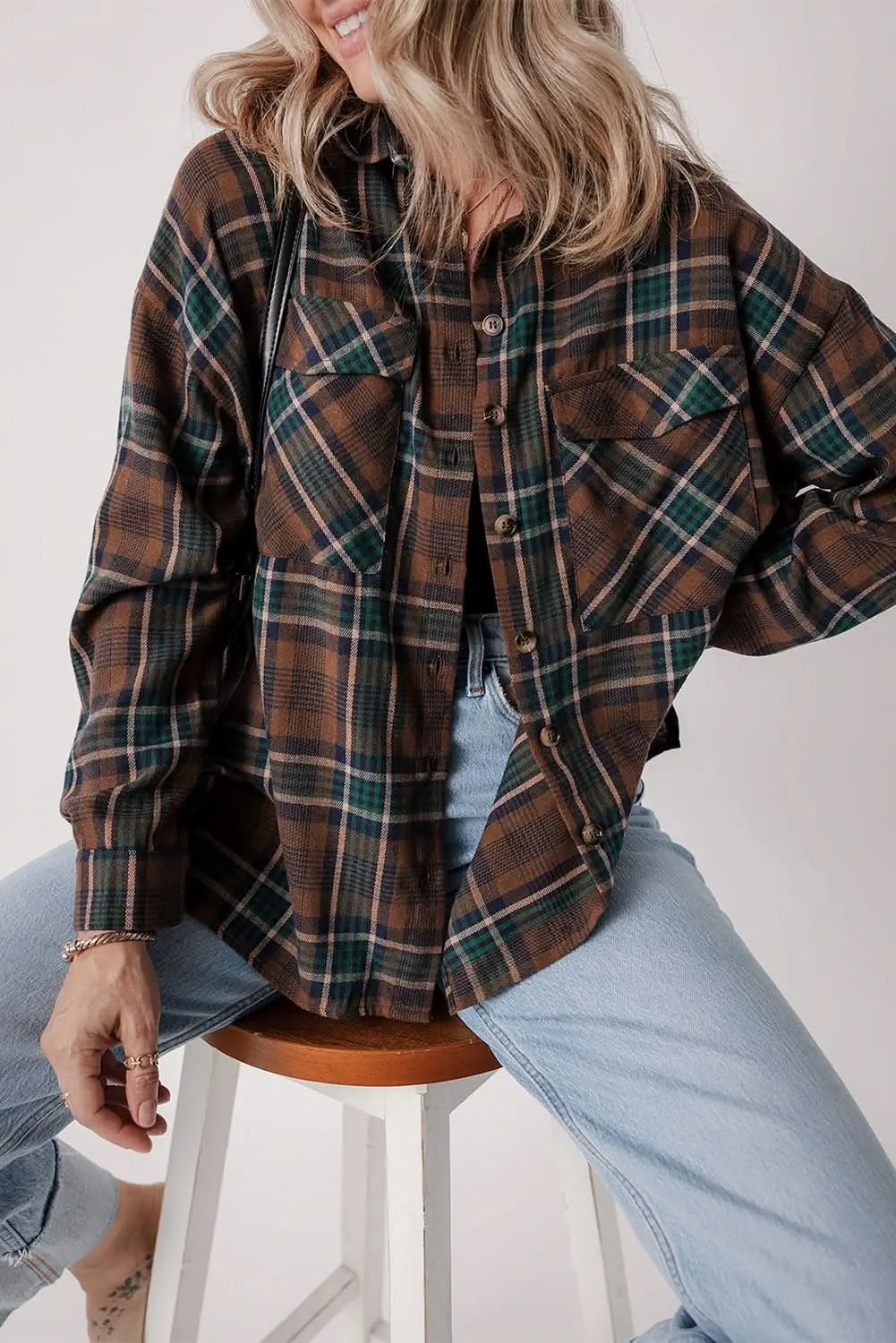 Brown plaid shacket with pockets - Love Salve