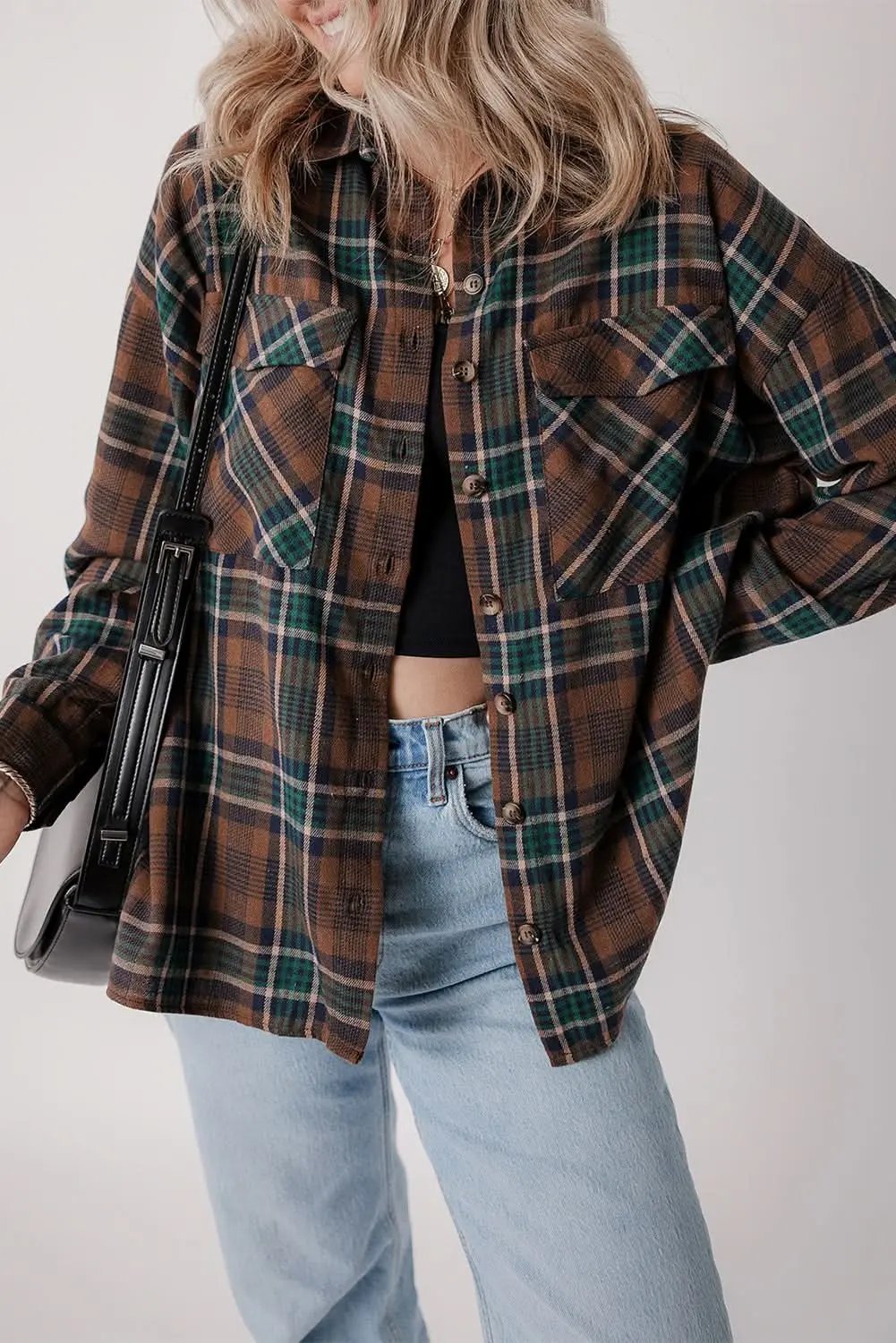 Brown plaid shacket with pockets - Love Salve