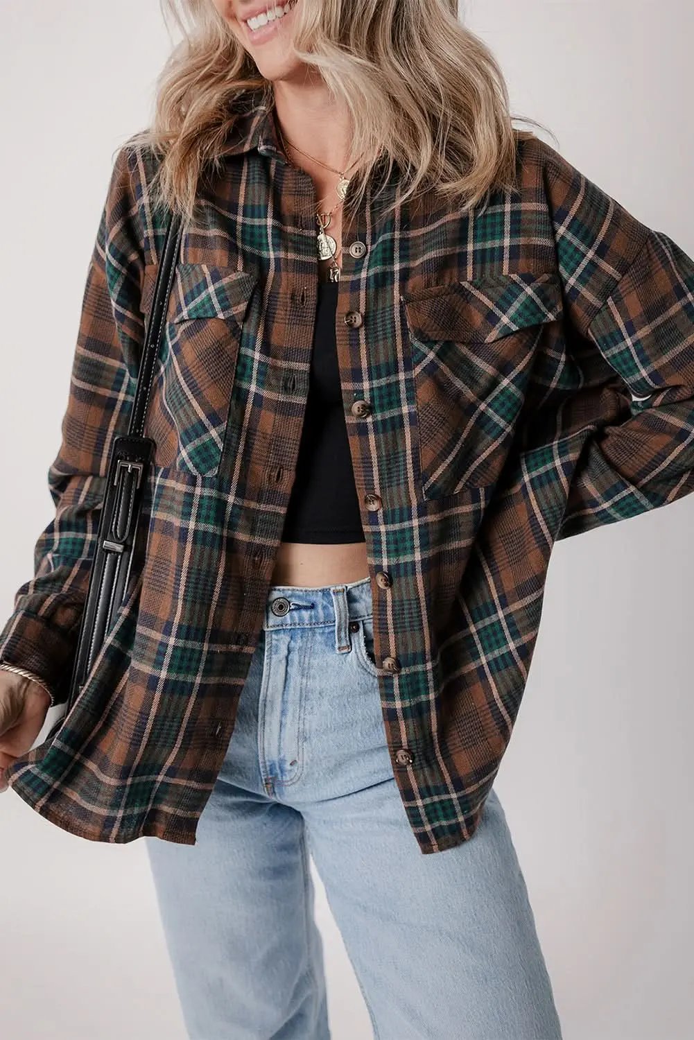 Brown plaid shacket with pockets - Love Salve