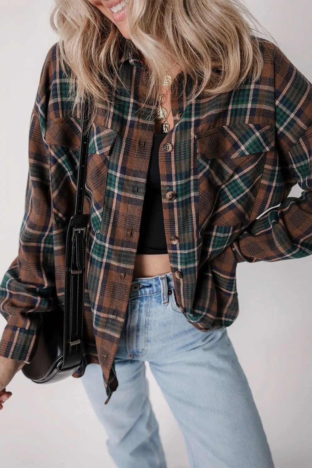 Brown plaid shacket with pockets - Love Salve