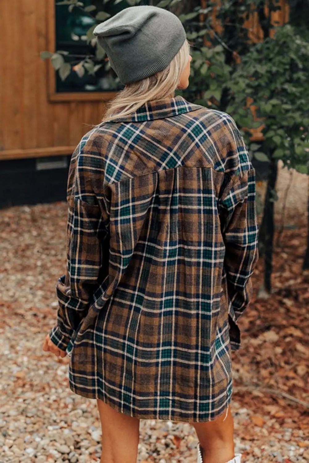 Brown plaid shacket with pockets - Love Salve