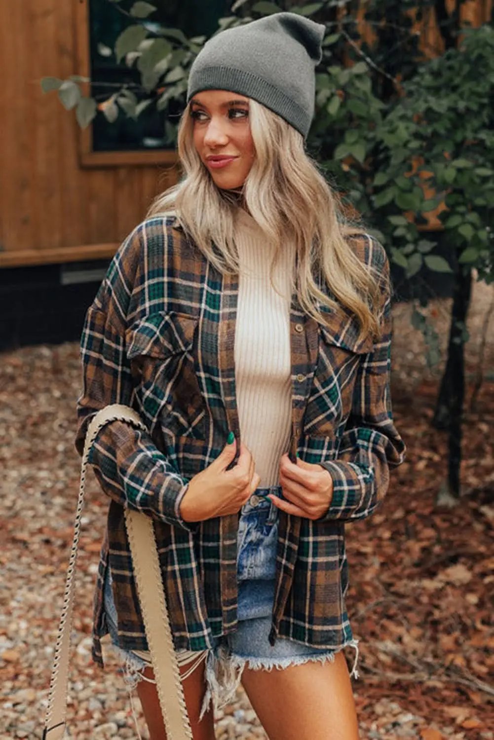 Brown plaid shacket with pockets - Love Salve