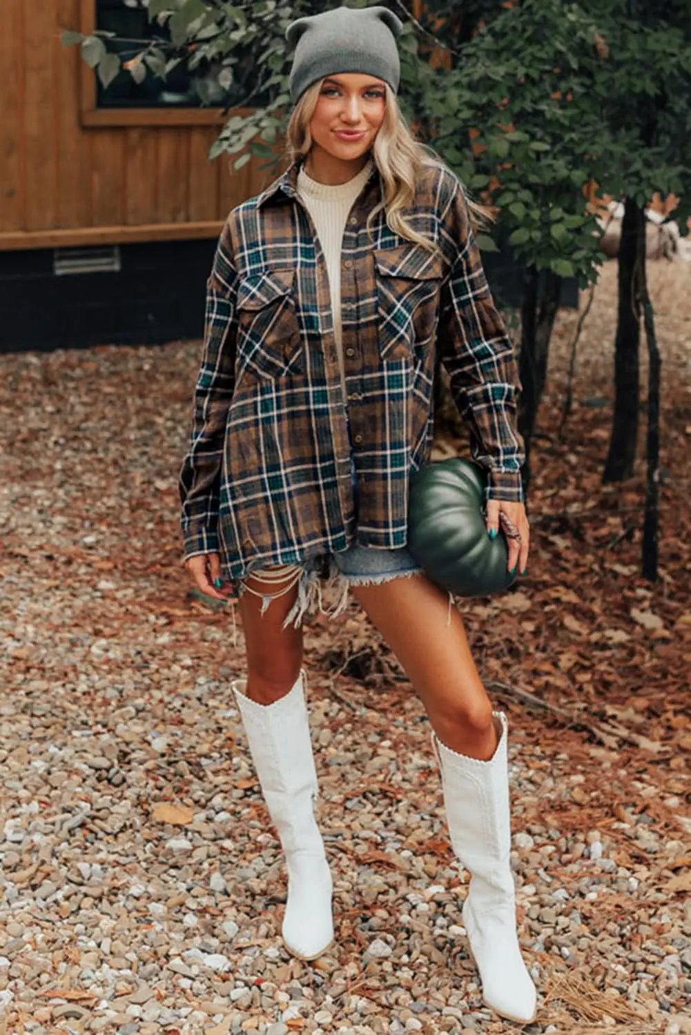 Brown plaid shacket with pockets - Love Salve
