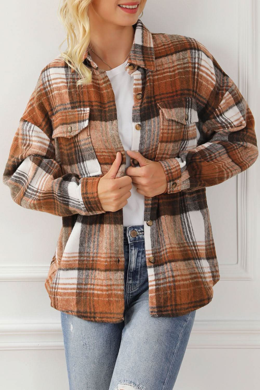 Brown Plaid Flap Pockets Shacket - Love Salve