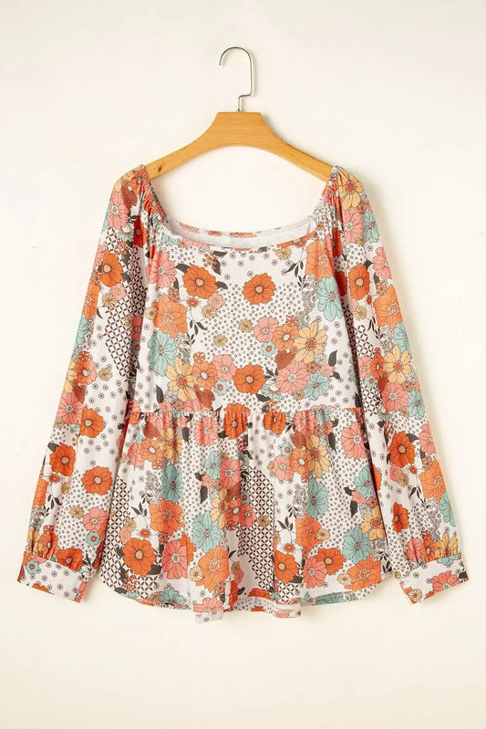 Khaki floral plus size peplum blouse - Love Salve