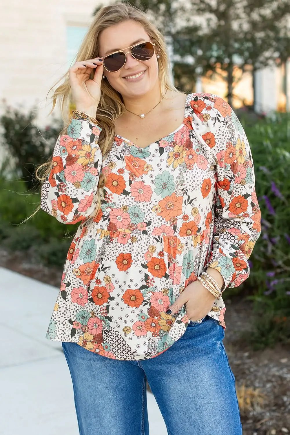Khaki floral plus size peplum blouse - Love Salve