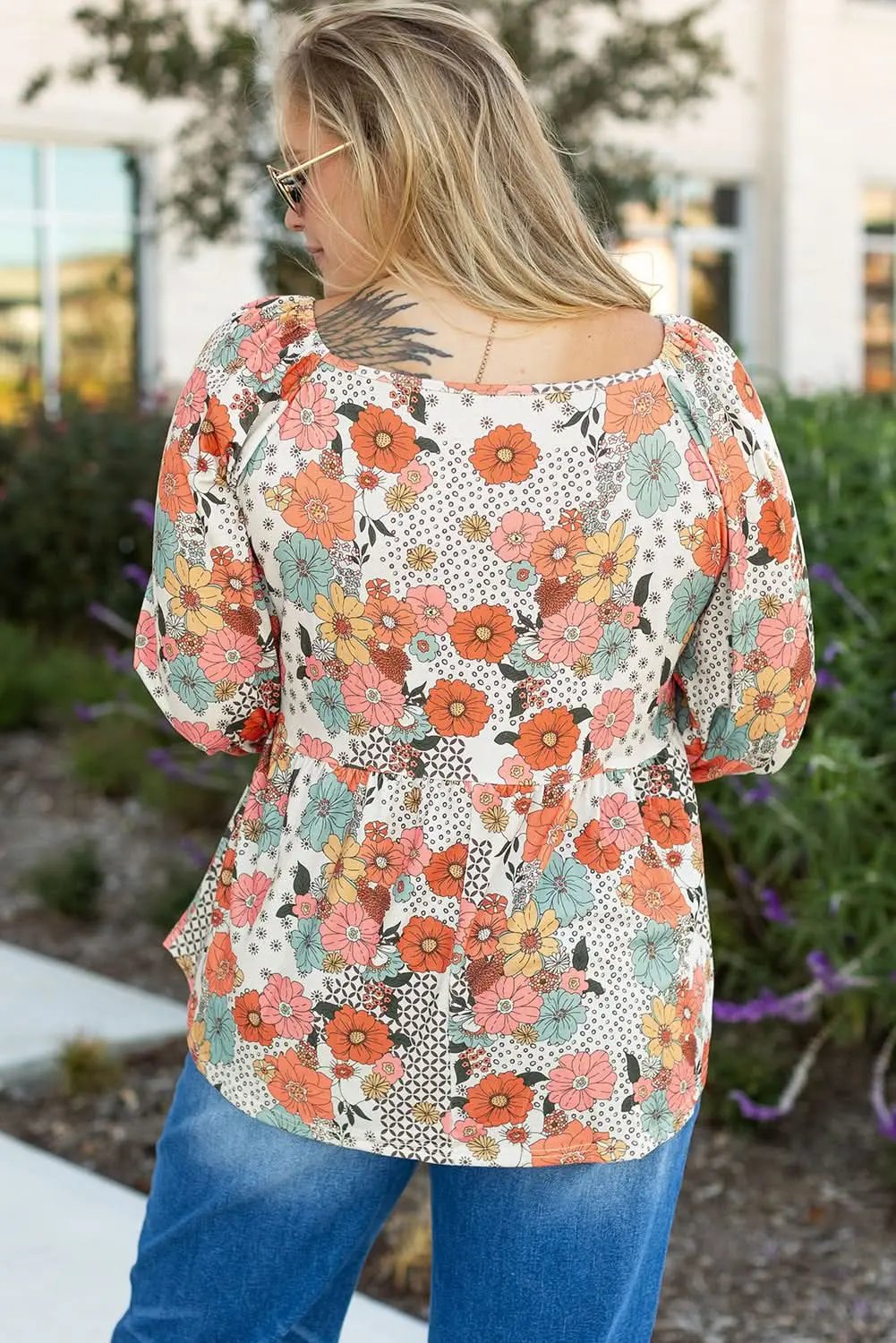 Khaki floral plus size peplum blouse - Love Salve