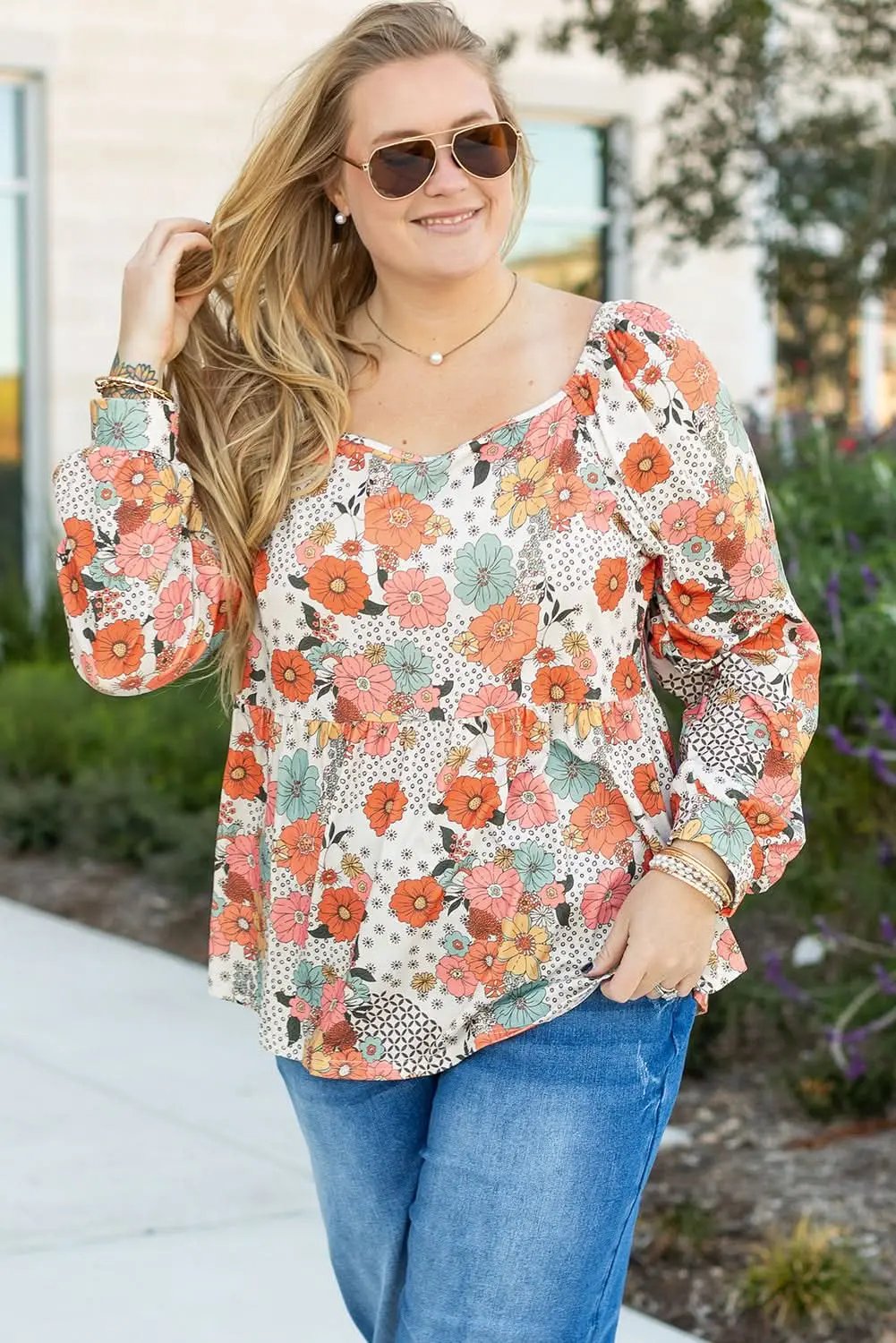 Khaki floral plus size peplum blouse - Love Salve