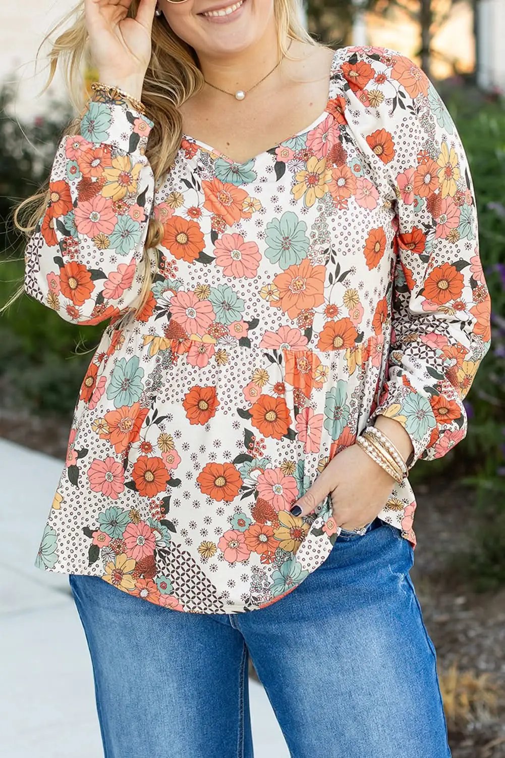 Khaki floral plus size peplum blouse - Love Salve
