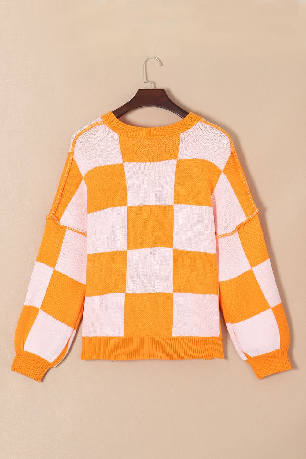 Orange Checkered Bishop Sleeve Sweater - Love Salve