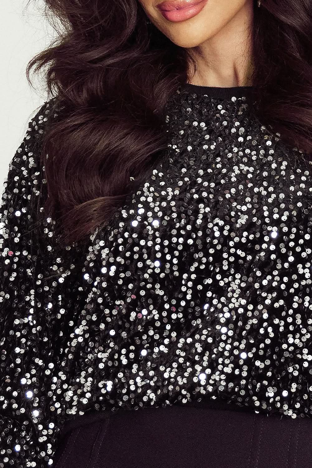 Black Sequined Long Sleeve Crew Neck Cropped Blouse - Love Salve