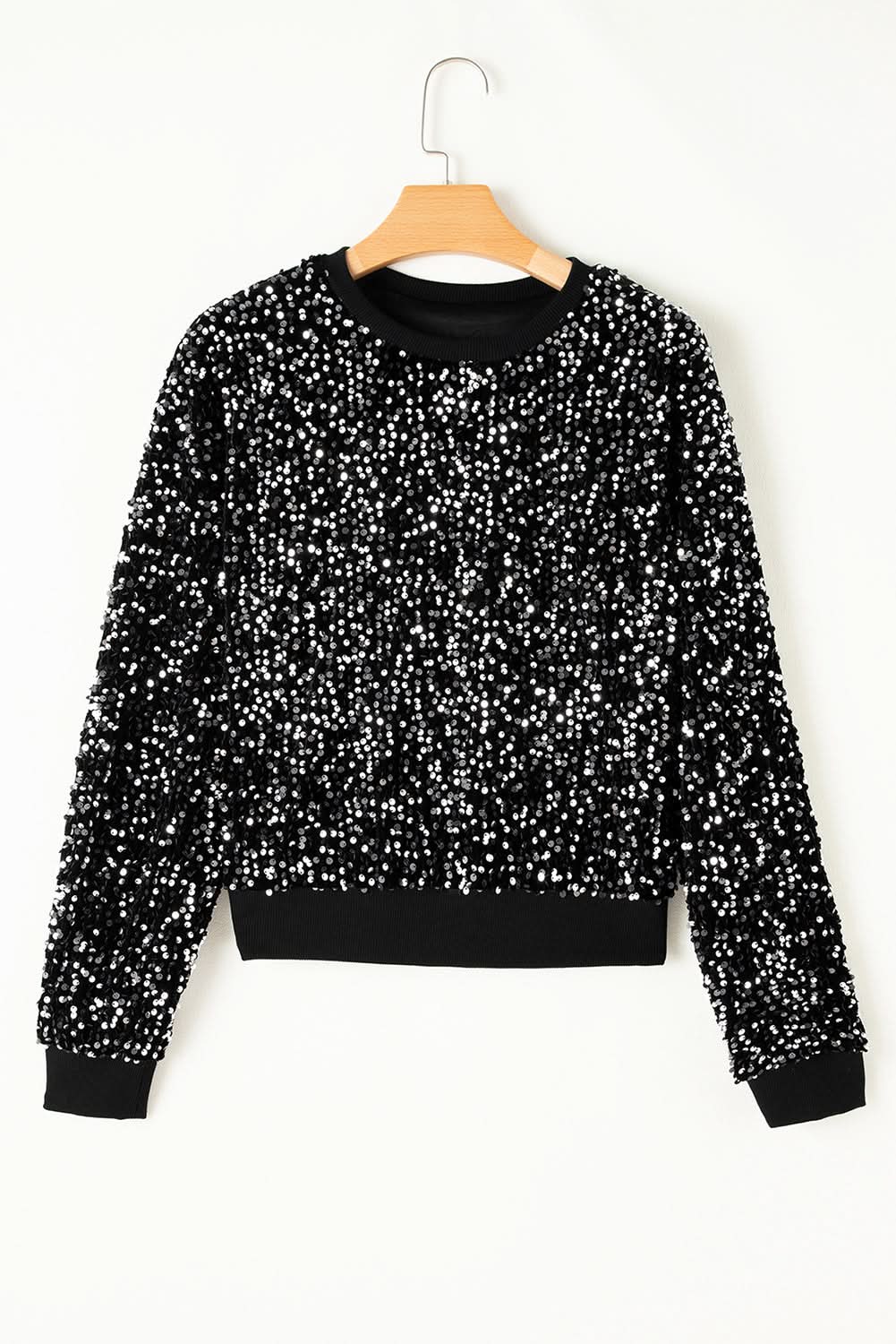 Black Sequined Long Sleeve Crew Neck Cropped Blouse - Love Salve