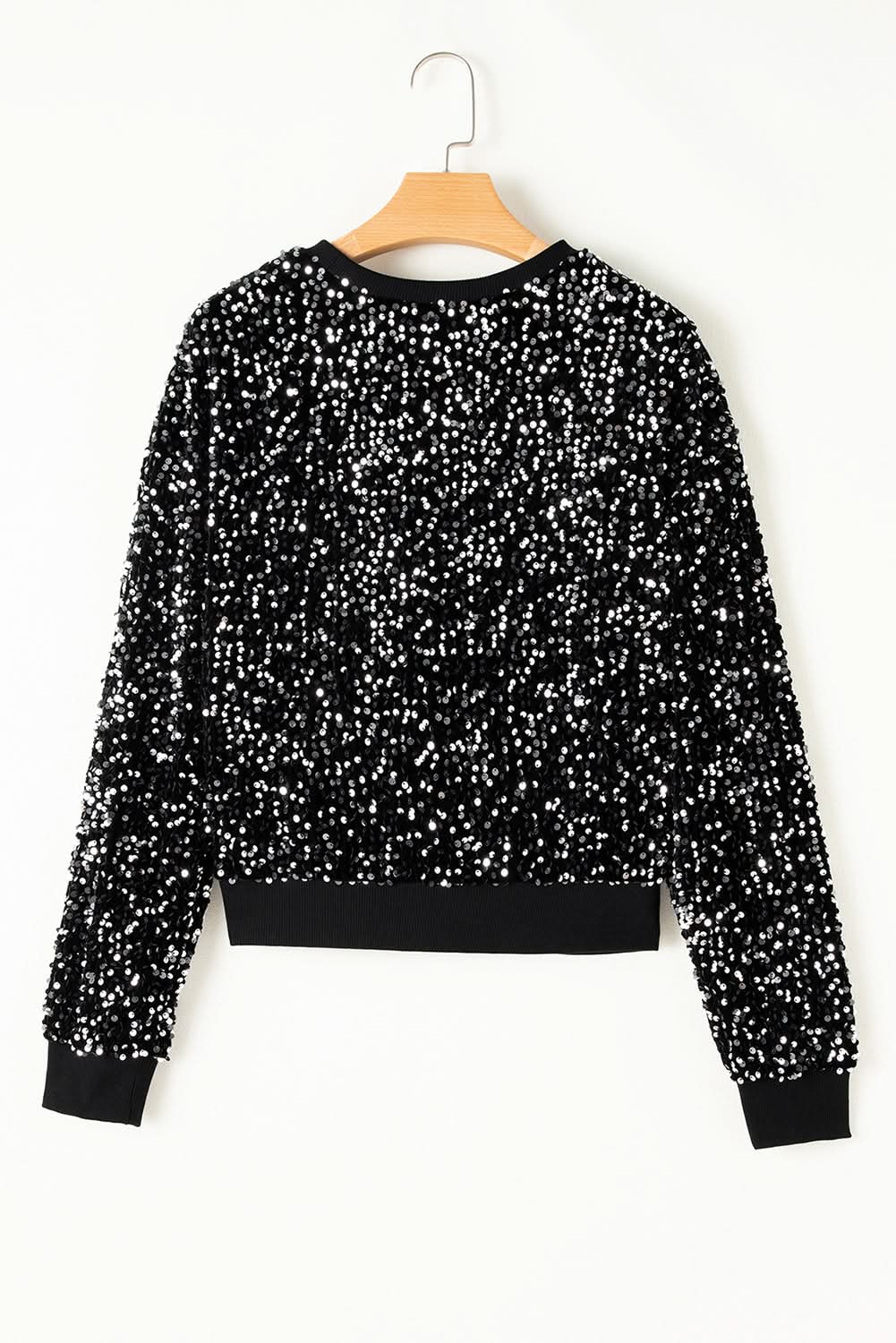 Black Sequined Long Sleeve Crew Neck Cropped Blouse - Love Salve