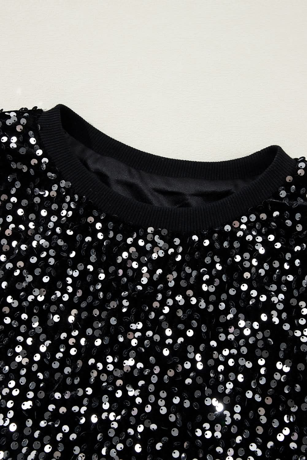 Black Sequined Long Sleeve Crew Neck Cropped Blouse - Love Salve