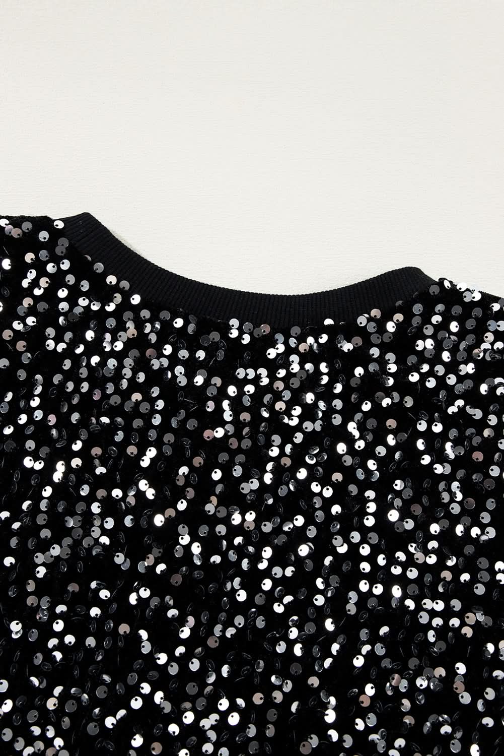 Black Sequined Long Sleeve Crew Neck Cropped Blouse - Love Salve