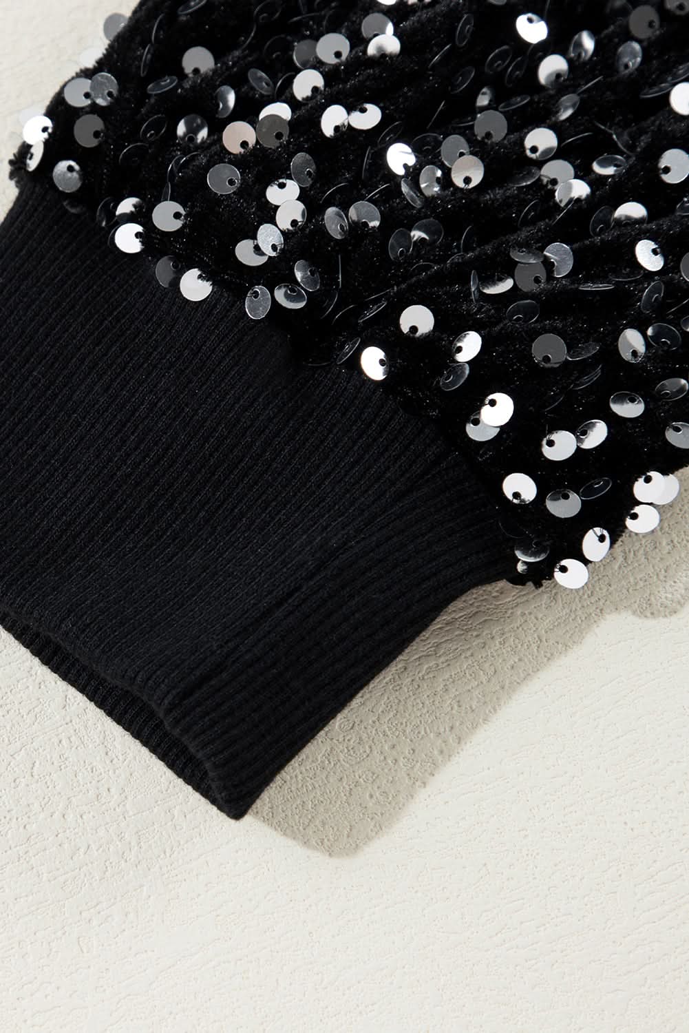 Black Sequined Long Sleeve Crew Neck Cropped Blouse - Love Salve
