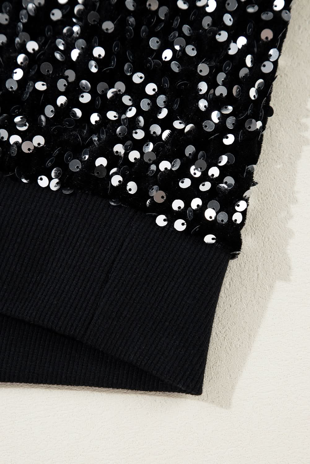 Black Sequined Long Sleeve Crew Neck Cropped Blouse - Love Salve