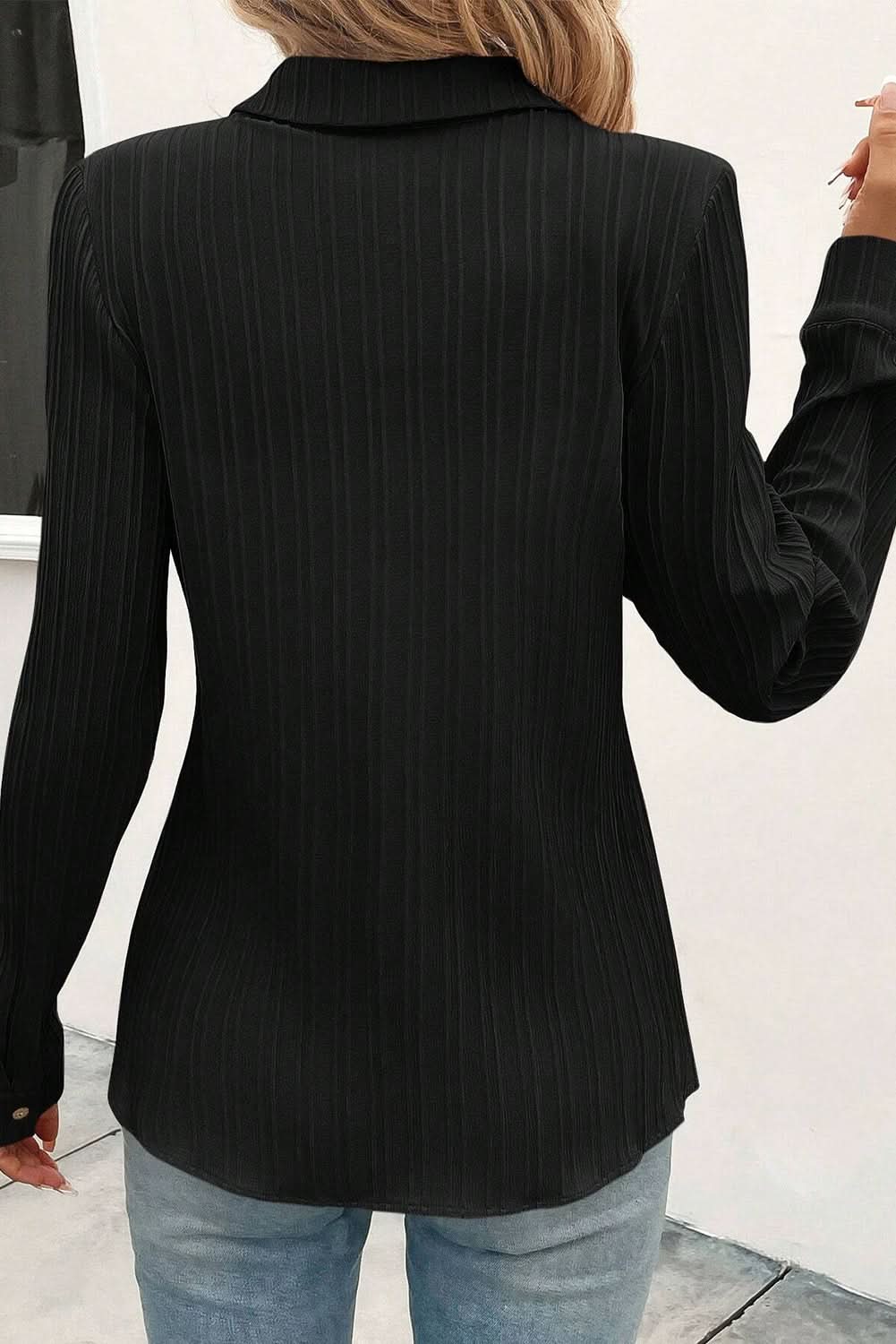 Black Solid Color Textured Buttoned Turn Down Collar Shirt - Love Salve