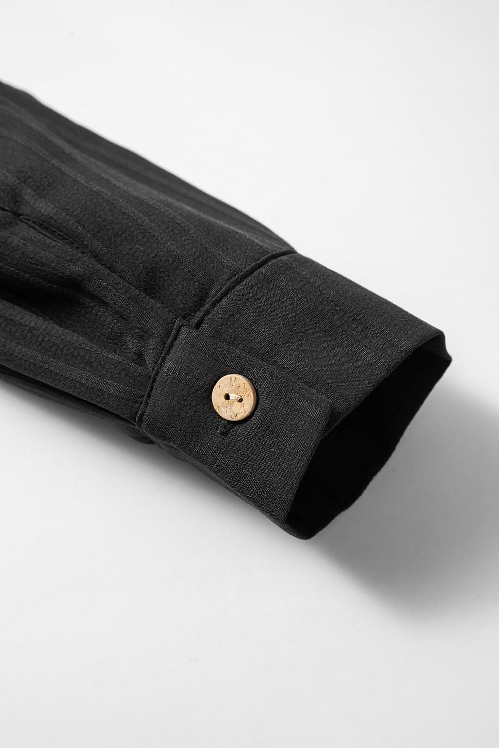 Black Solid Color Textured Buttoned Turn Down Collar Shirt - Love Salve