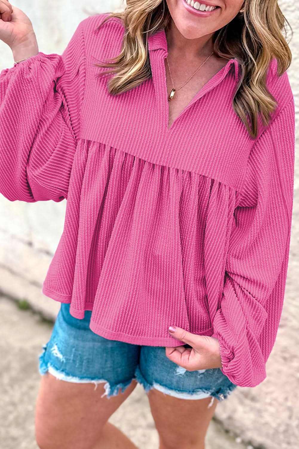 Bright Pink Corded Turn-down V Neck Bubble Sleeve Babydoll Blouse - Love Salve