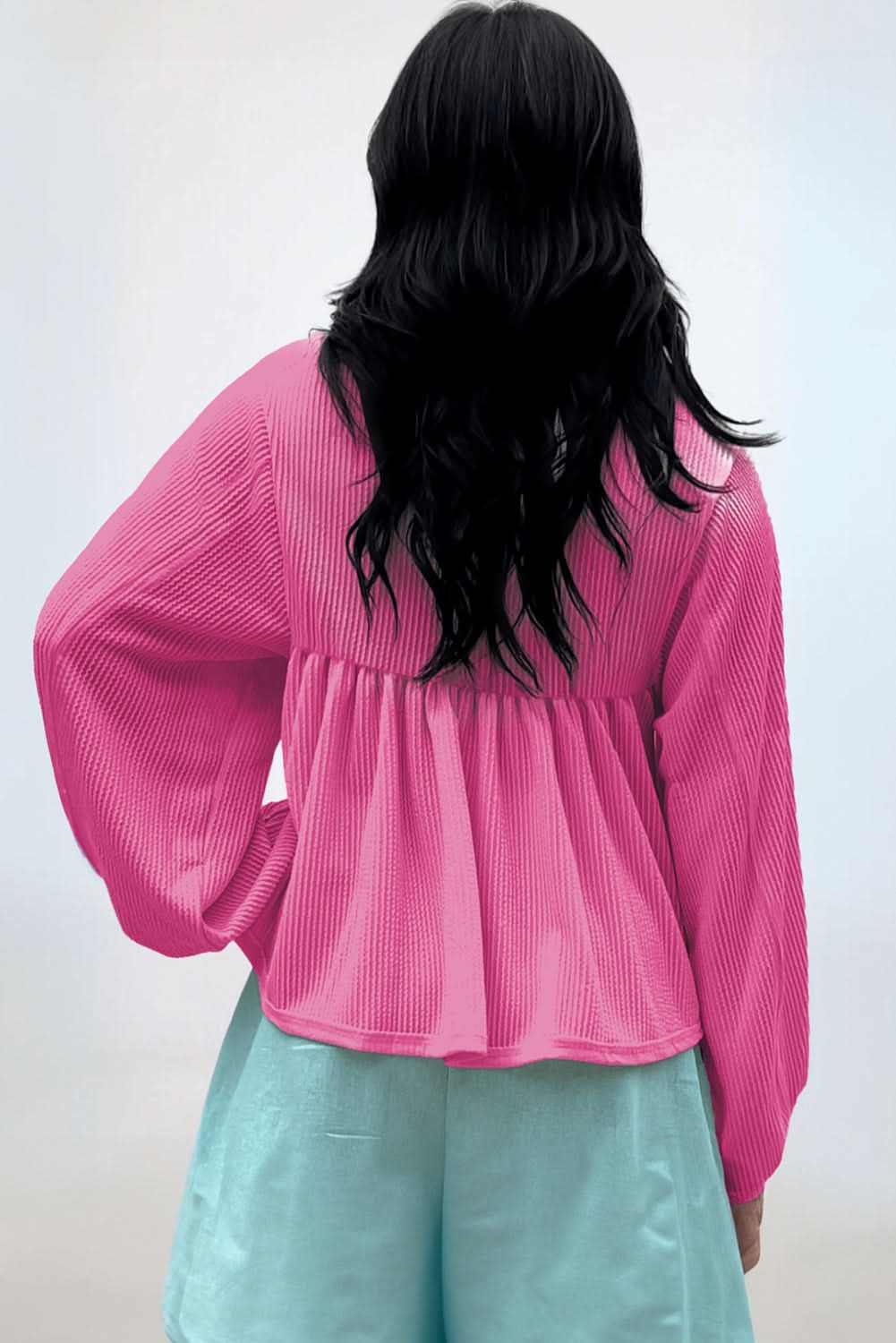 Bright Pink Corded Turn-down V Neck Bubble Sleeve Babydoll Blouse - Love Salve