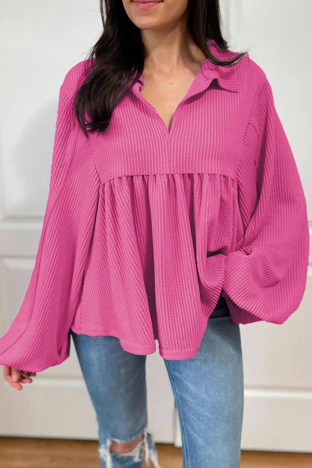 Bright Pink Corded Turn-down V Neck Bubble Sleeve Babydoll Blouse - Love Salve