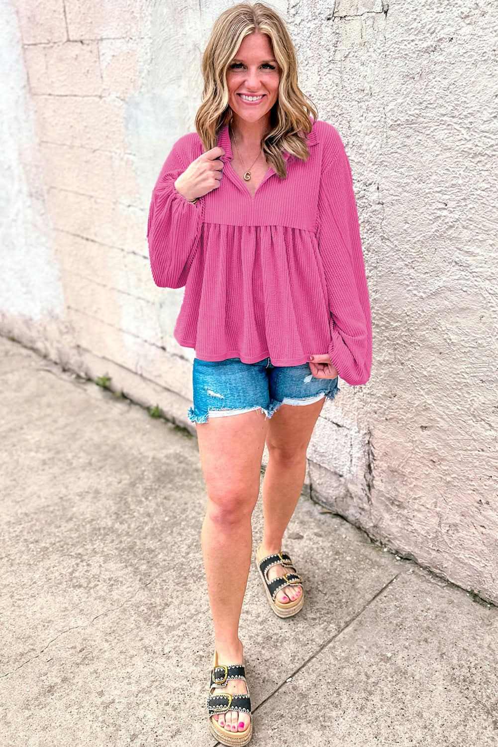 Bright Pink Corded Turn-down V Neck Bubble Sleeve Babydoll Blouse - Love Salve