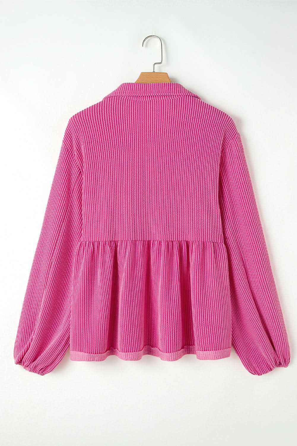 Bright Pink Corded Turn-down V Neck Bubble Sleeve Babydoll Blouse - Love Salve