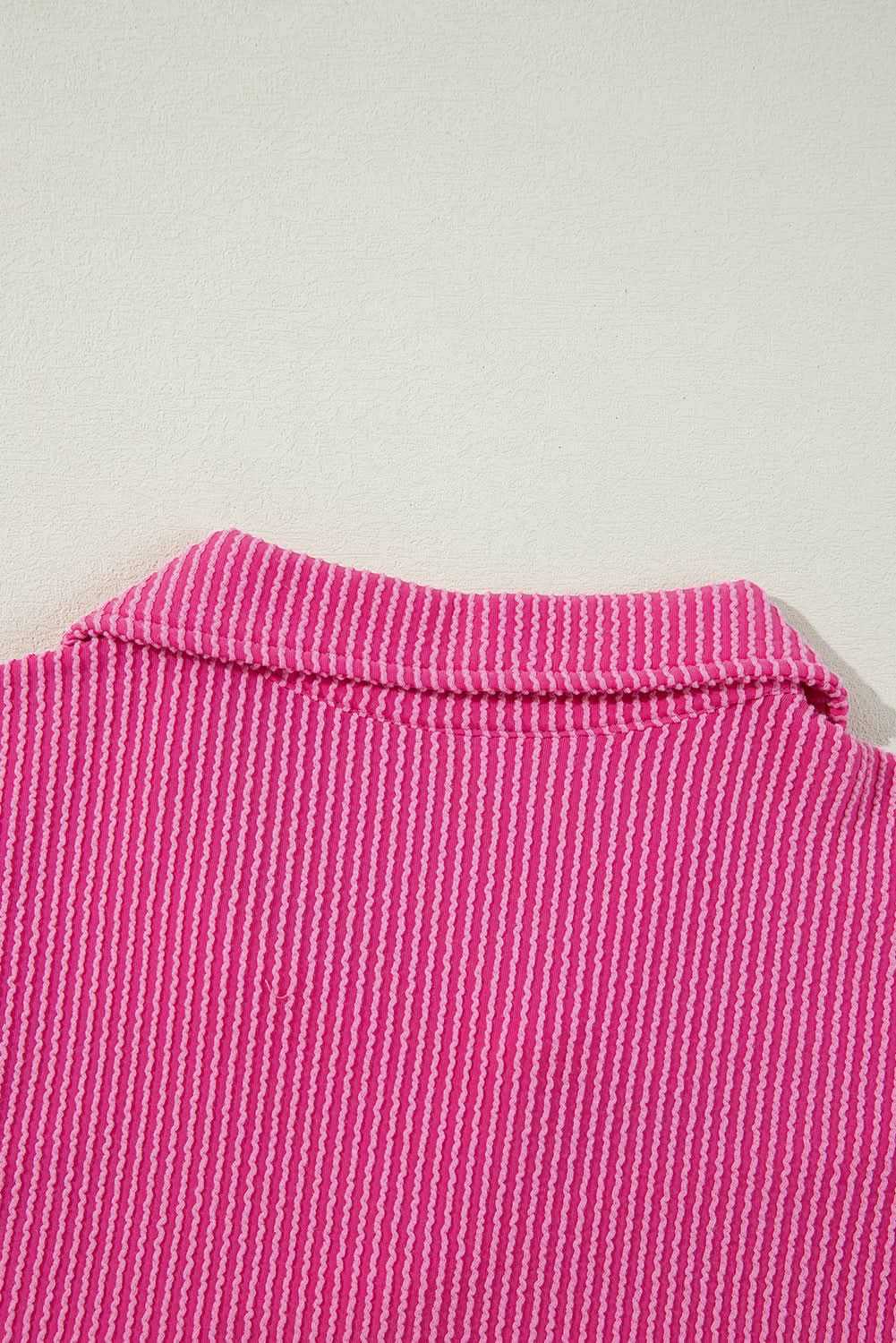 Bright Pink Corded Turn-down V Neck Bubble Sleeve Babydoll Blouse - Love Salve