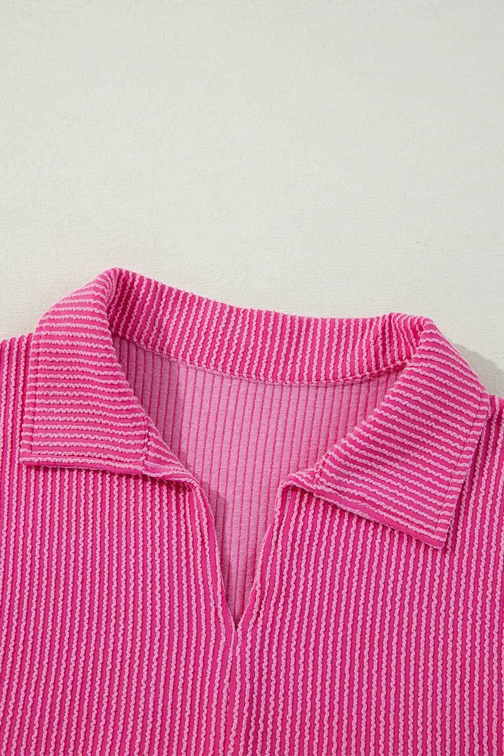 Bright Pink Corded Turn-down V Neck Bubble Sleeve Babydoll Blouse - Love Salve