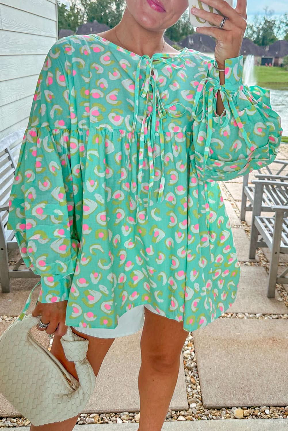 Green Abstract Printed Lace-up Lantern Sleeve Babydoll Blouse - Love Salve