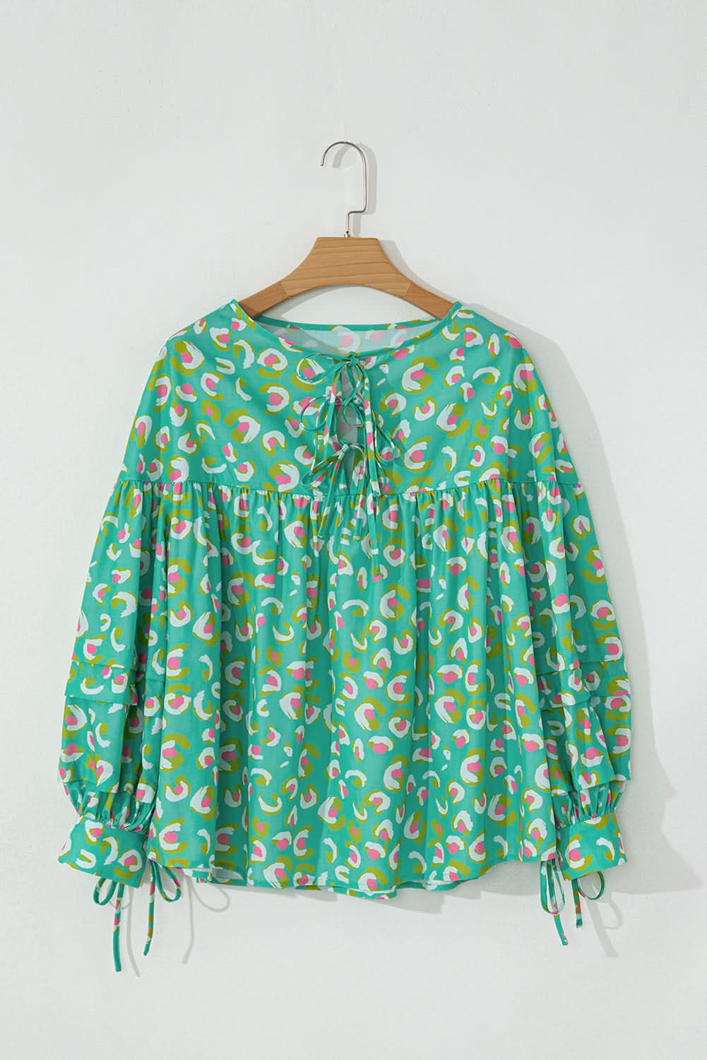 Green Abstract Printed Lace-up Lantern Sleeve Babydoll Blouse - Love Salve