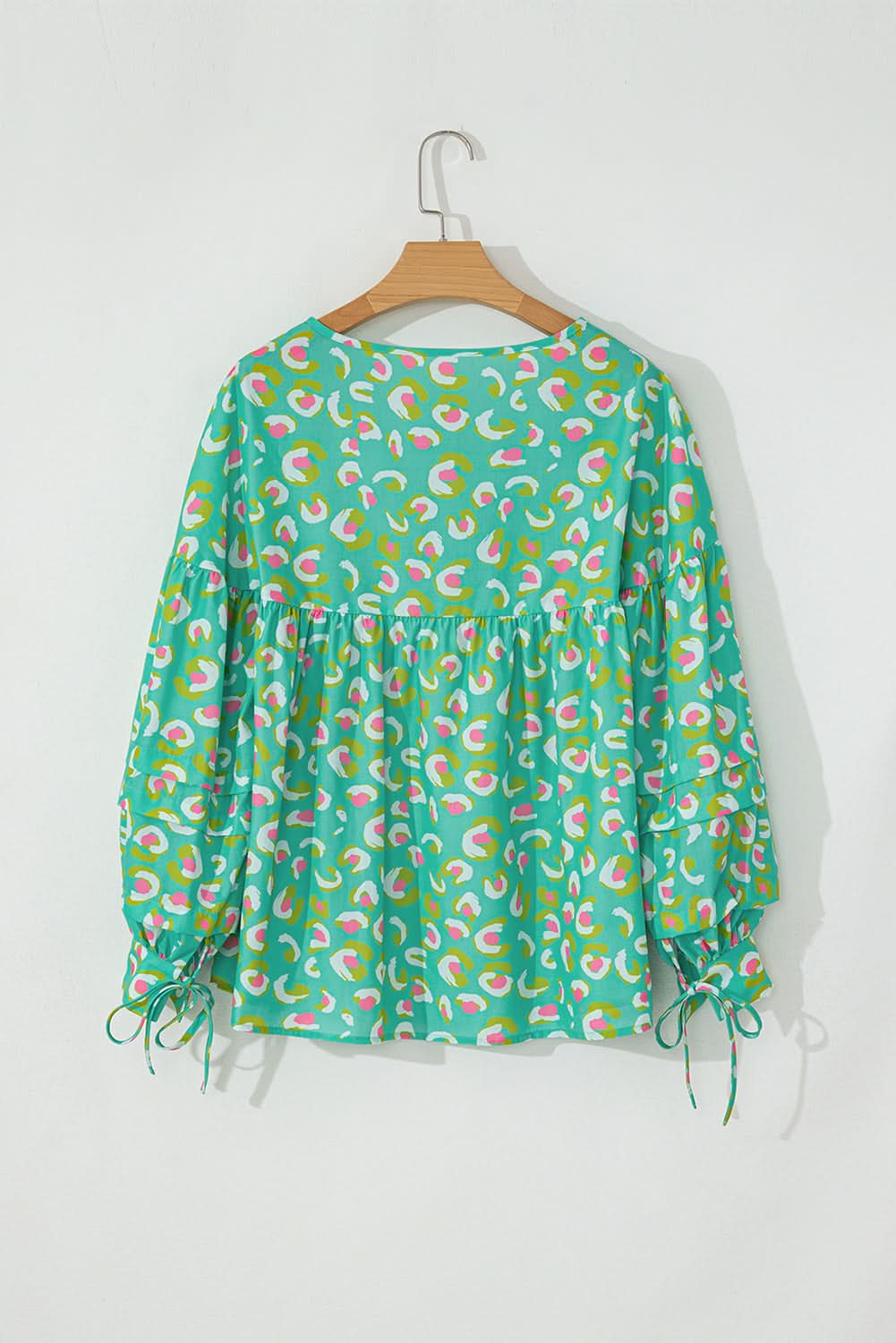 Green Abstract Printed Lace-up Lantern Sleeve Babydoll Blouse - Love Salve