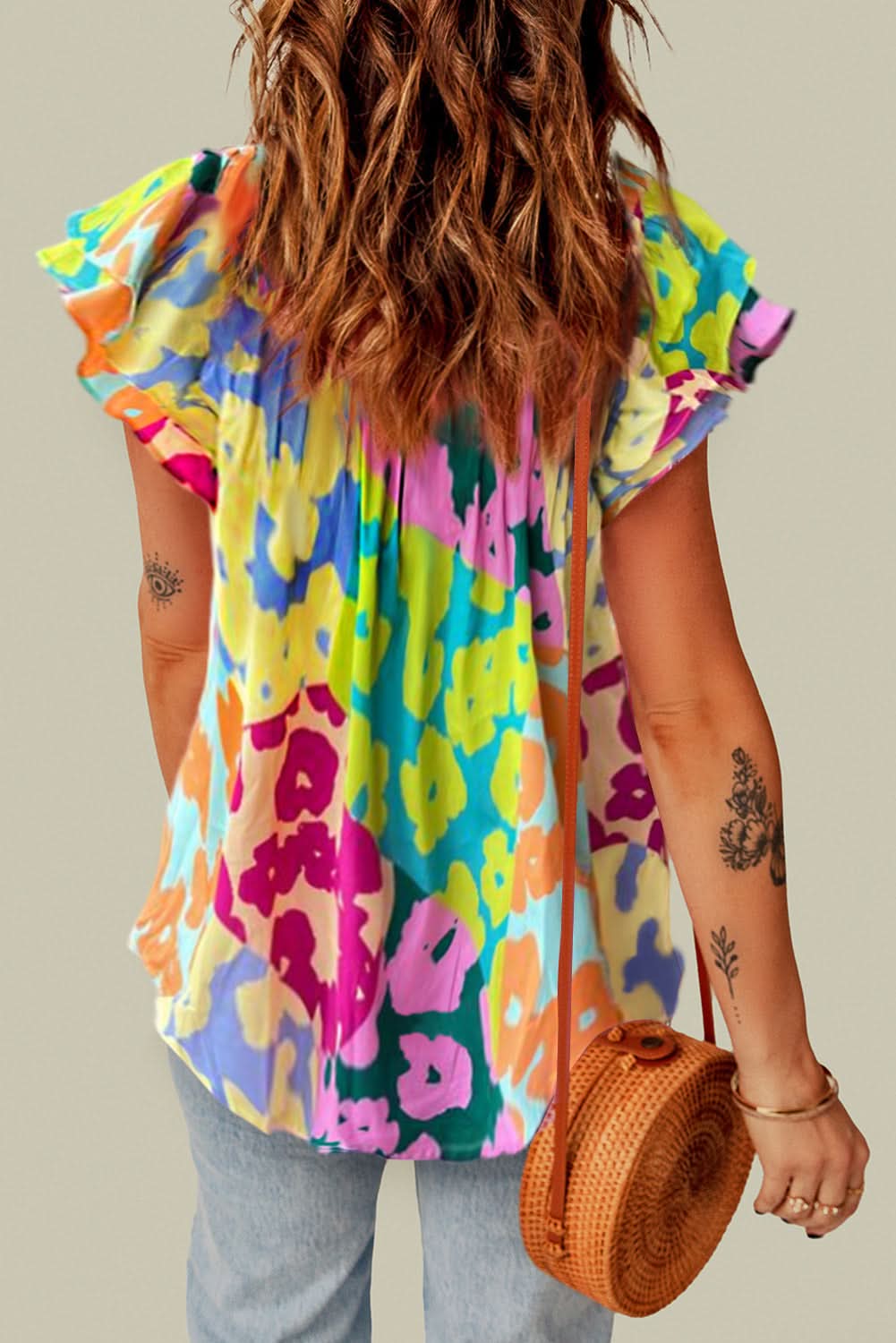 Multicolour Leopard Flutter Sleeve V Neck Crinkled Blouse - Love Salve