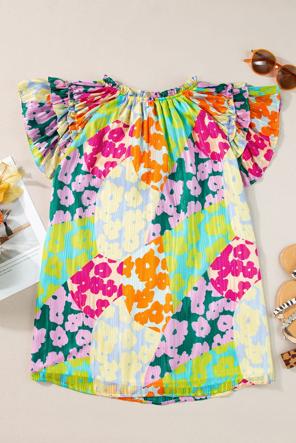 Multicolour Leopard Flutter Sleeve V Neck Crinkled Blouse - Love Salve