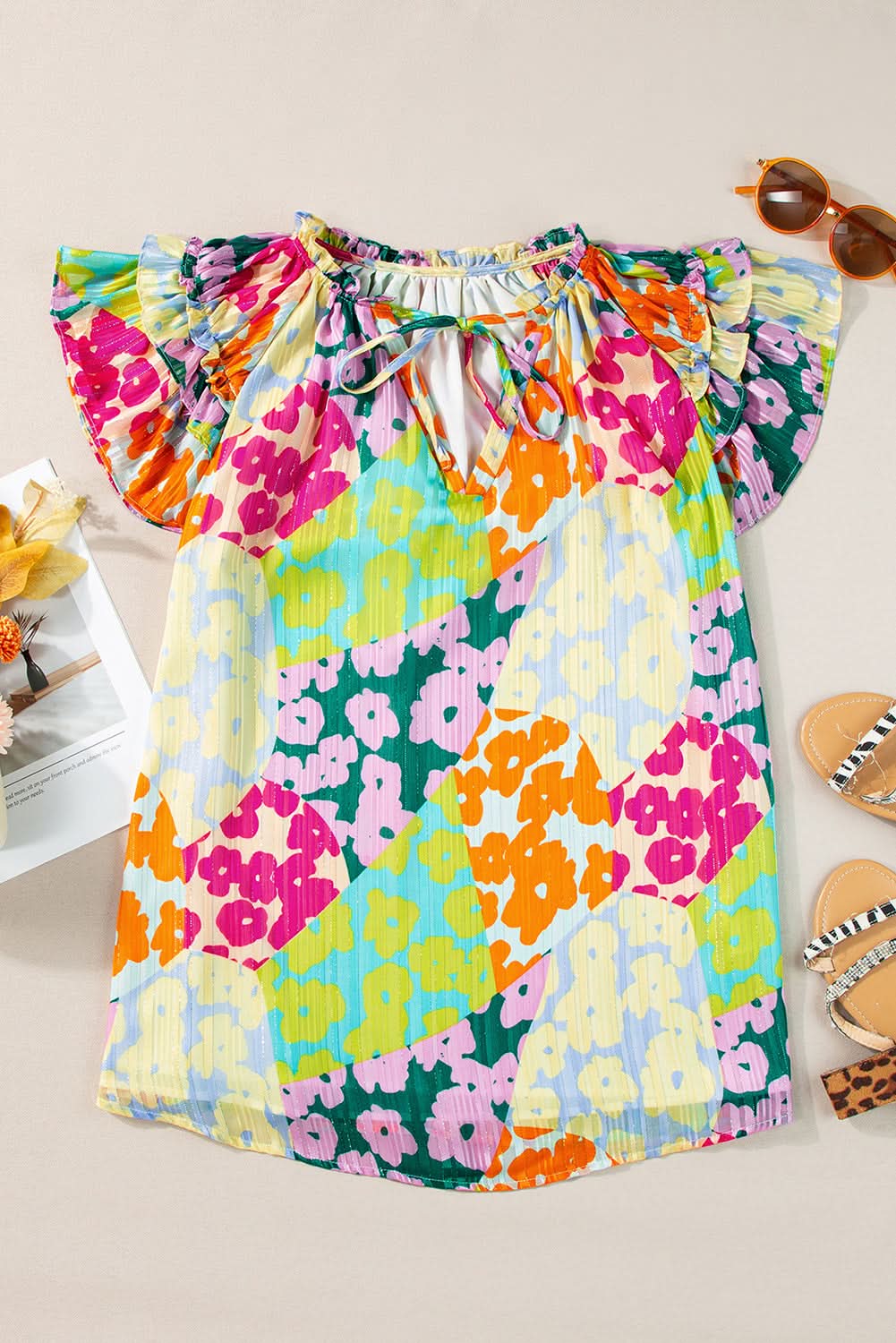 Multicolour Leopard Flutter Sleeve V Neck Crinkled Blouse - Love Salve