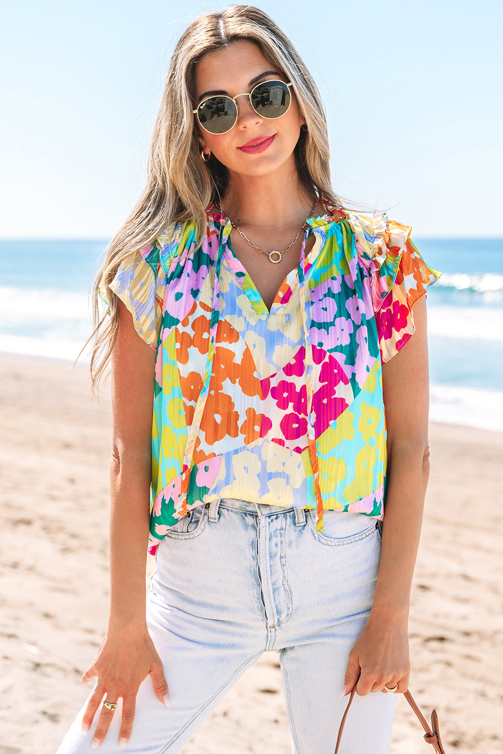 Multicolour Leopard Flutter Sleeve V Neck Crinkled Blouse - Love Salve